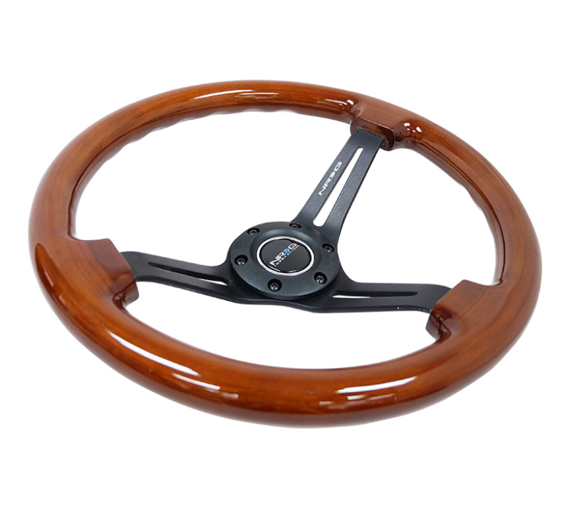 NRG Reinforced Steering Wheel (350mm / 3in. Deep) Brown Wood w/Blk Matte Spoke/Black Center Mark