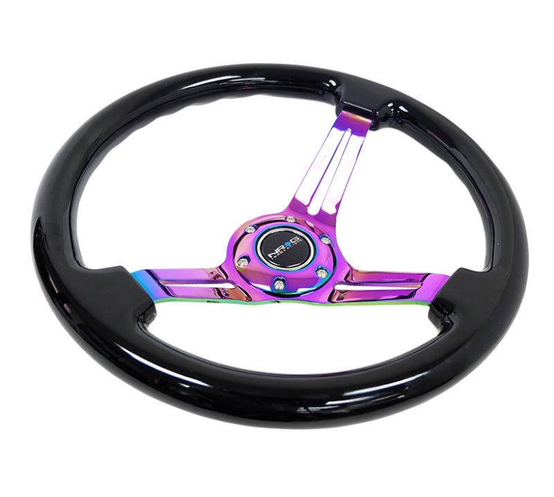 NRG Reinforced Steering Wheel (350mm / 3in. Deep) Blk Wood w/Blk Matte Spoke/Neochrome Center Mark